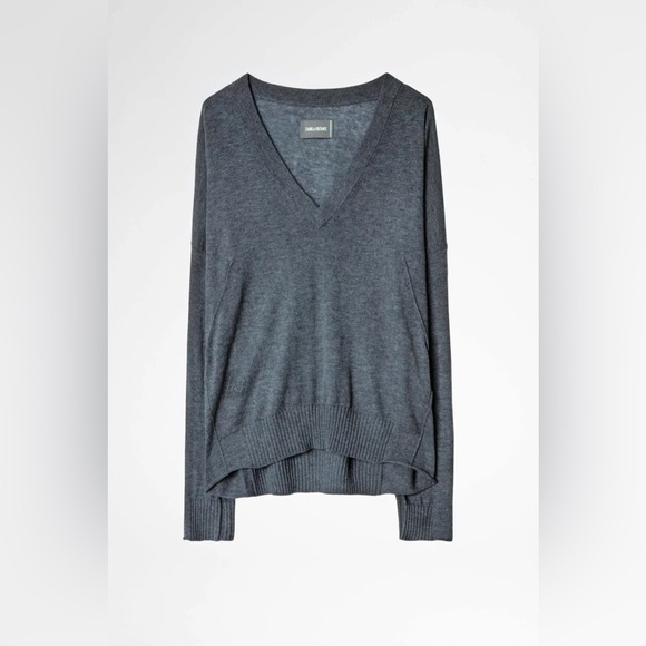 Zadig and Voltaire Brumy Cashmere Perforated Logo V Neck Sweater - Picture 3 of 12